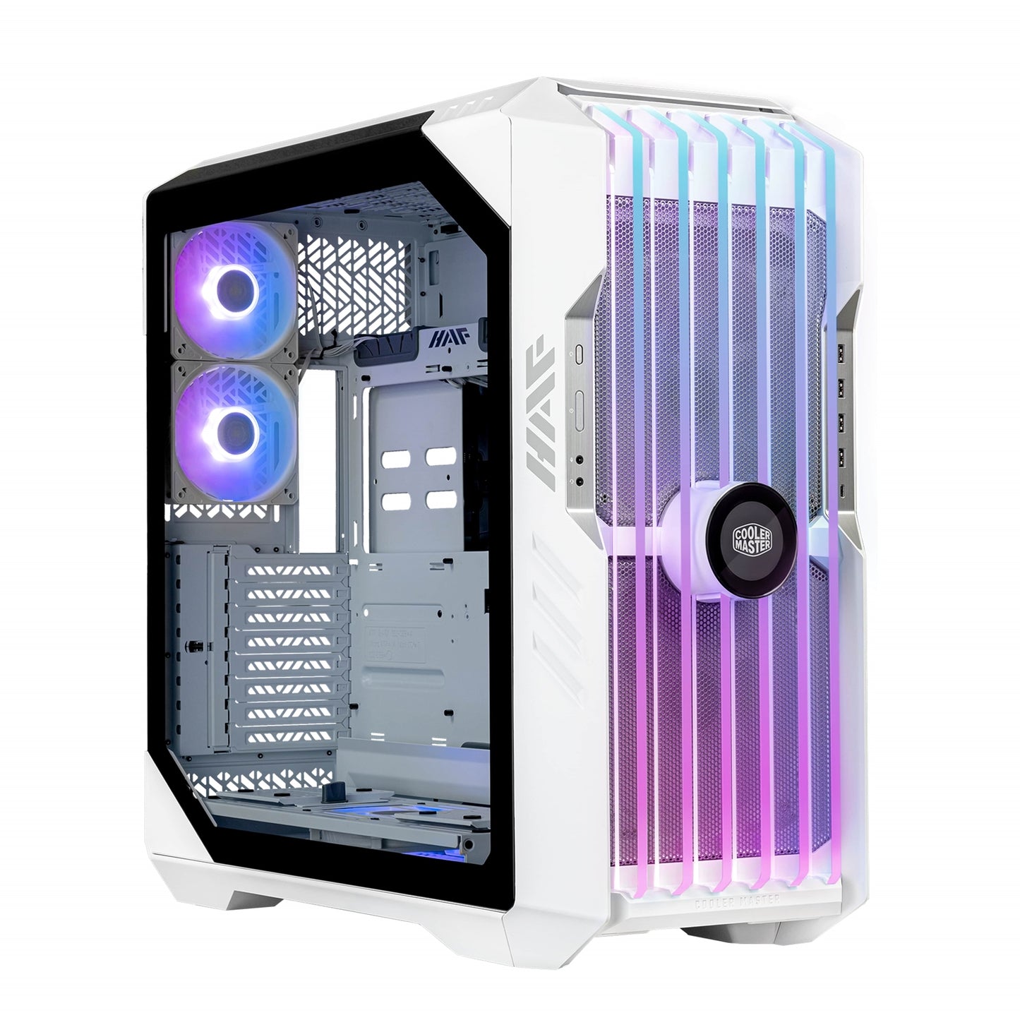 Cooler Master HAF 700 EVO Case, White, Full Tower, 4 x USB 3.2 Gen 1 Type-A, 1 x USB 3.2 Gen 2 Type-C, Tempered Glass Side Window Panel, Edge Lit Front Intake Blades with IRIS Customisable LCD Assistant