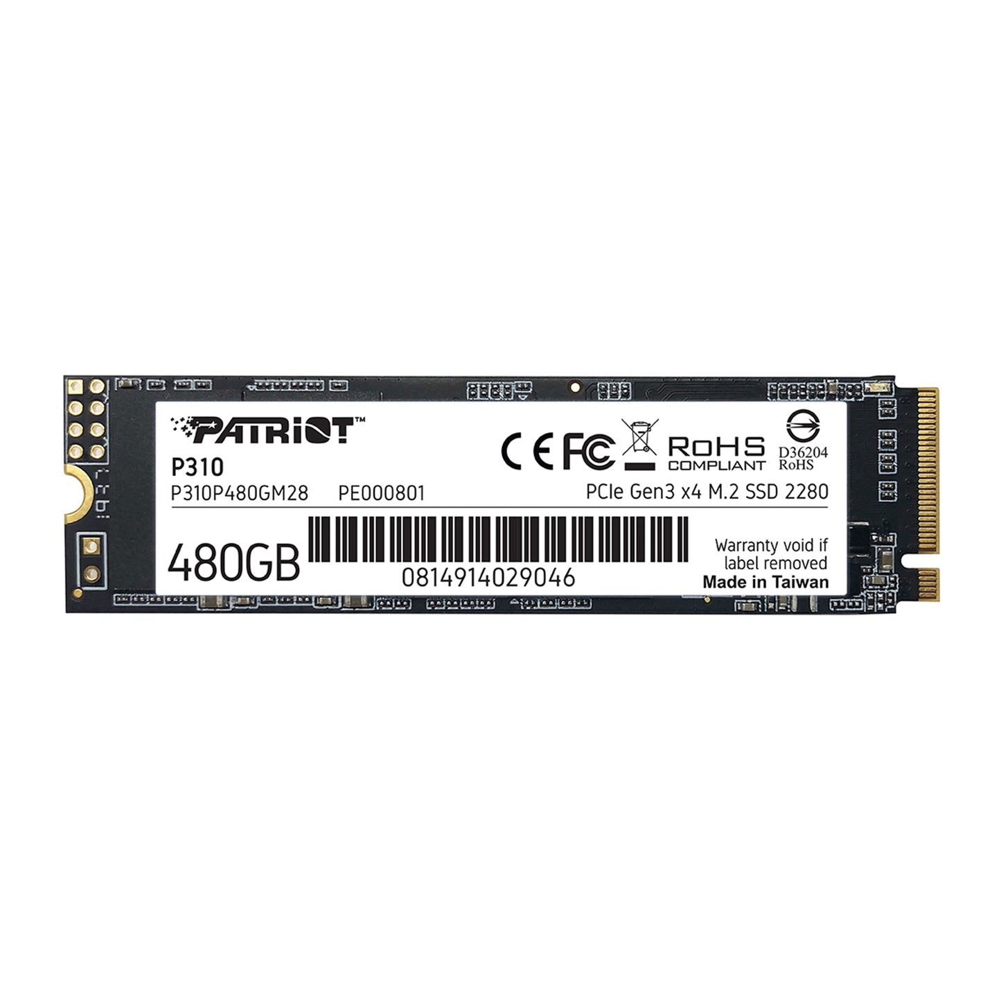 Patriot P310 (P310P480GM28) 480GB NVMe SSD, M.2 Interface, PCIe Gen3, 2280, Read 1700MB/s, Write 1500MB/s, 3 Year Warranty