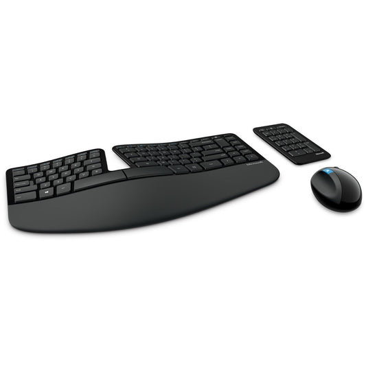 Microsoft Sculpt Ergonomic Desktop Wireless Keyboard, Mouse and Number Pad, 2.4GHz, Ergonomic Design with Palm Rest, Optical Mouse with Windows Button Compatible with Windows and Mac, UK Layout, Black