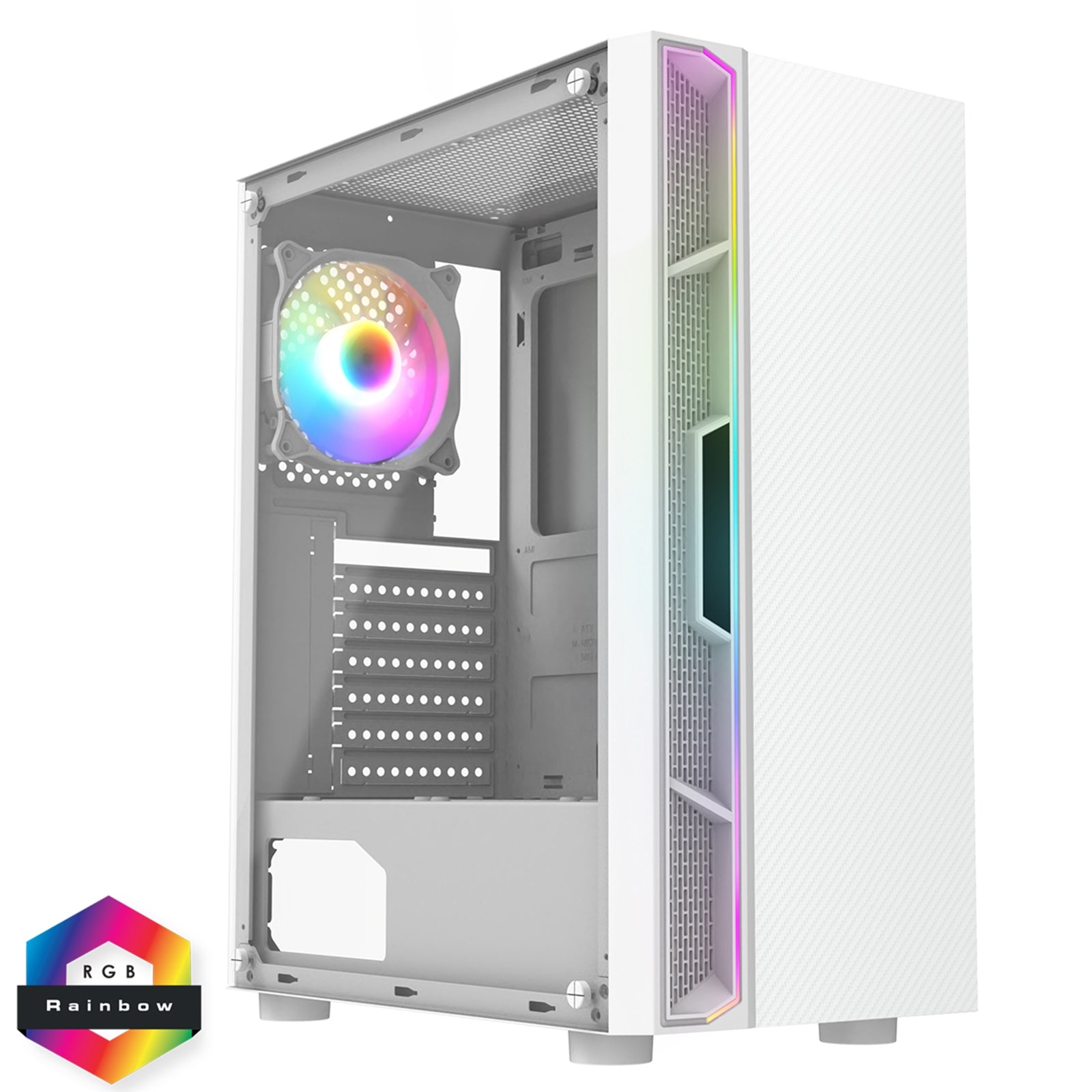 CIT Galaxy White Mid-Tower PC Gaming Case with 1 x LED Strip 1 x 120mm Rainbow RGB Fan Included Tempered Glass Side Panel