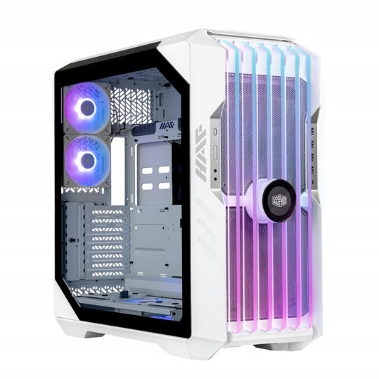 Cooler Master HAF 700 EVO Case, White, Full Tower, 4 x USB 3.2 Gen 1 Type-A, 1 x USB 3.2 Gen 2 Type-C, Tempered Glass Side Window Panel, Edge Lit Front Intake Blades with IRIS Customisable LCD Assistant