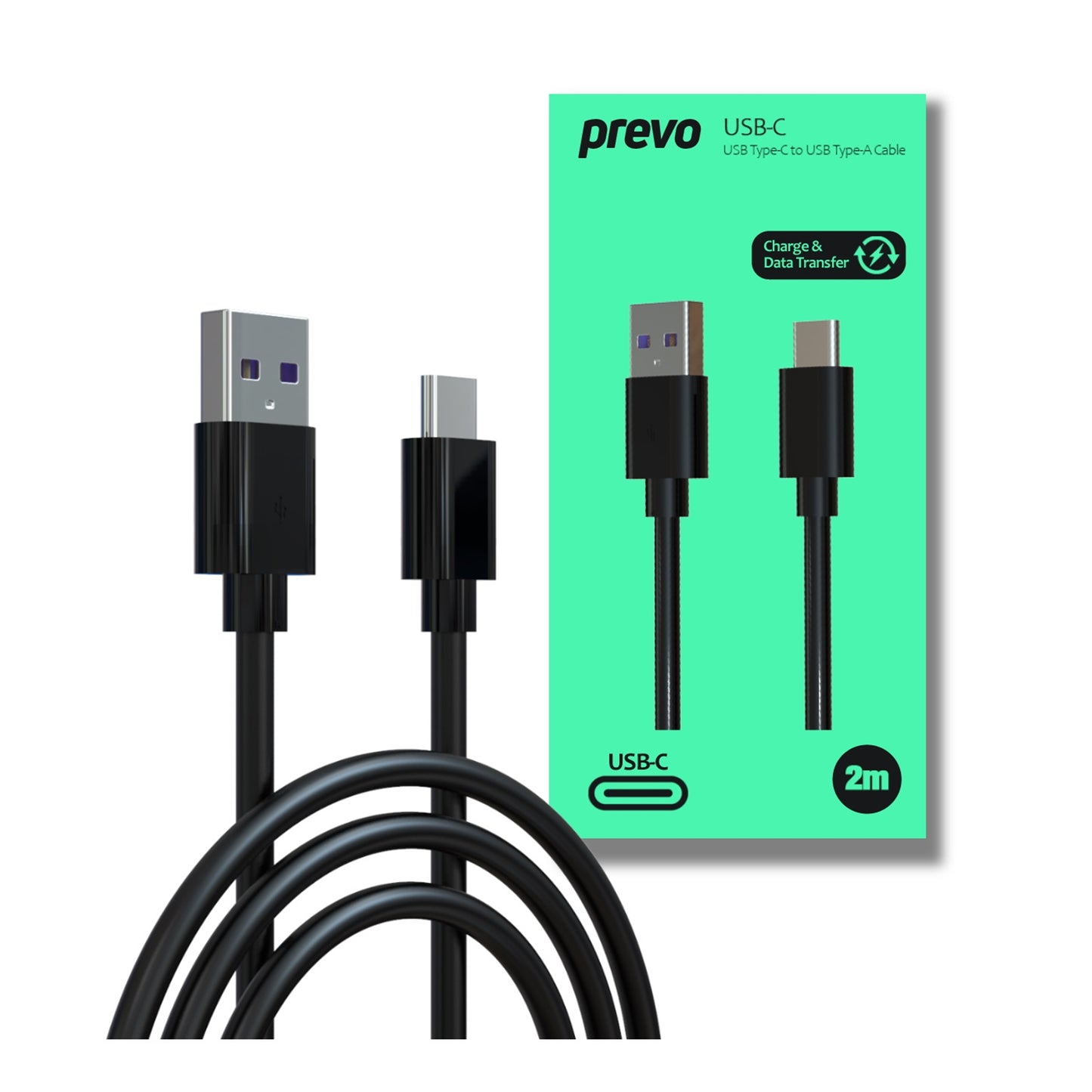 Prevo USBA-USBC-2M Data Cable, USB 2.0 Type-A (M) to USB 2.0 Type-C (M), 2m, Black, Fast Charging up to 2.1A / 5V, Nickel Plated Connectors, Superior Design & Performance, Retail Box Packaging