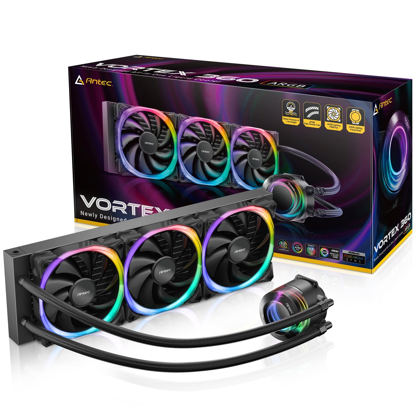 ANTEC Vortex 360 ARGB AiO Liquid CPU Cooler, Universal Socket, 360mm Radiator, PWM 2000RPM Fusion ARGB Cooling Fans, Addressable RGB LED Lighting with Suspended Spiral Pump Head Design