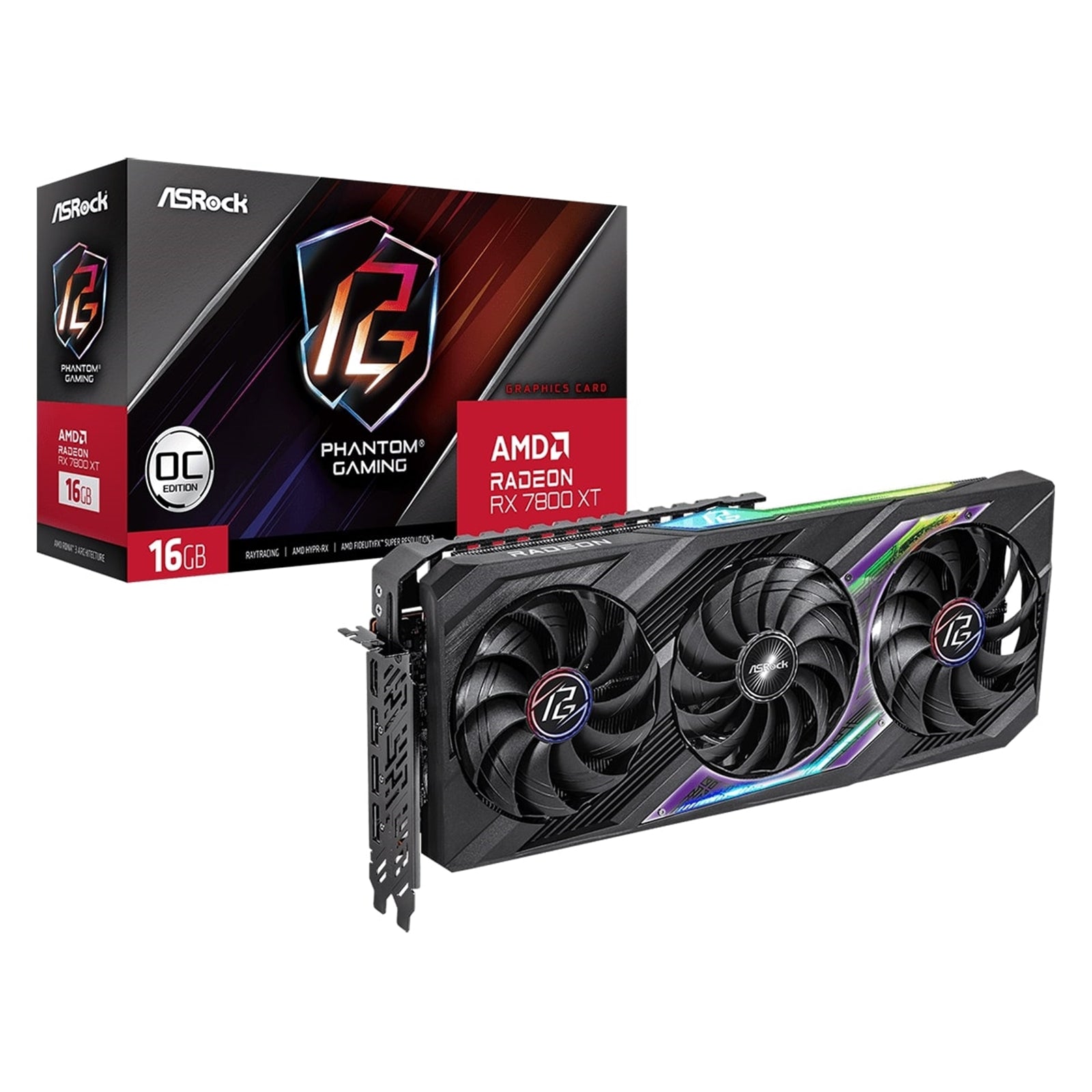 ASRock AMD Radeon RX 7800 XT Phantom Gaming 16GB OC Graphics Card, 16GB GDDR6, 3840 Streams, 2565 MHz Boost Clock, Triple Fan, RGB, 3x DisplayPorts / 1x HDMI Port