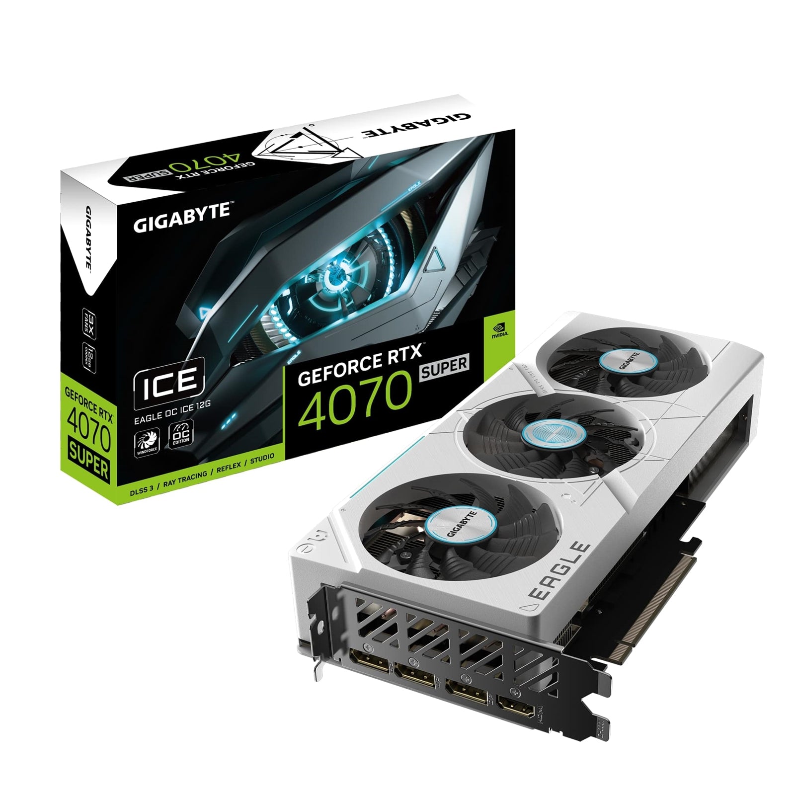 Gigabyte NVIDIA GeForce RTX 4070 SUPER EAGLE OC ICE 12G Graphics Card, 12GB GDDR6X, 7168 CUDA Cores, 2535 MHz Core Clock, Triple Fan, White, RGB, 3x DisplayPorts / 1x HDMI Port