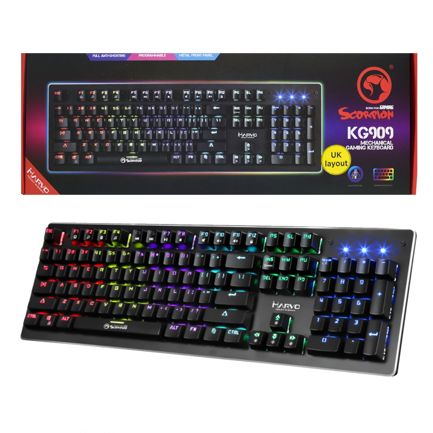 Marvo Scorpion KG909-UK Full Size Mechanical Gaming Keyboard, with Blue Mechanical Switches, RGB Backlight with Individual LED for Each Key, 104 Key, Anti-ghosting