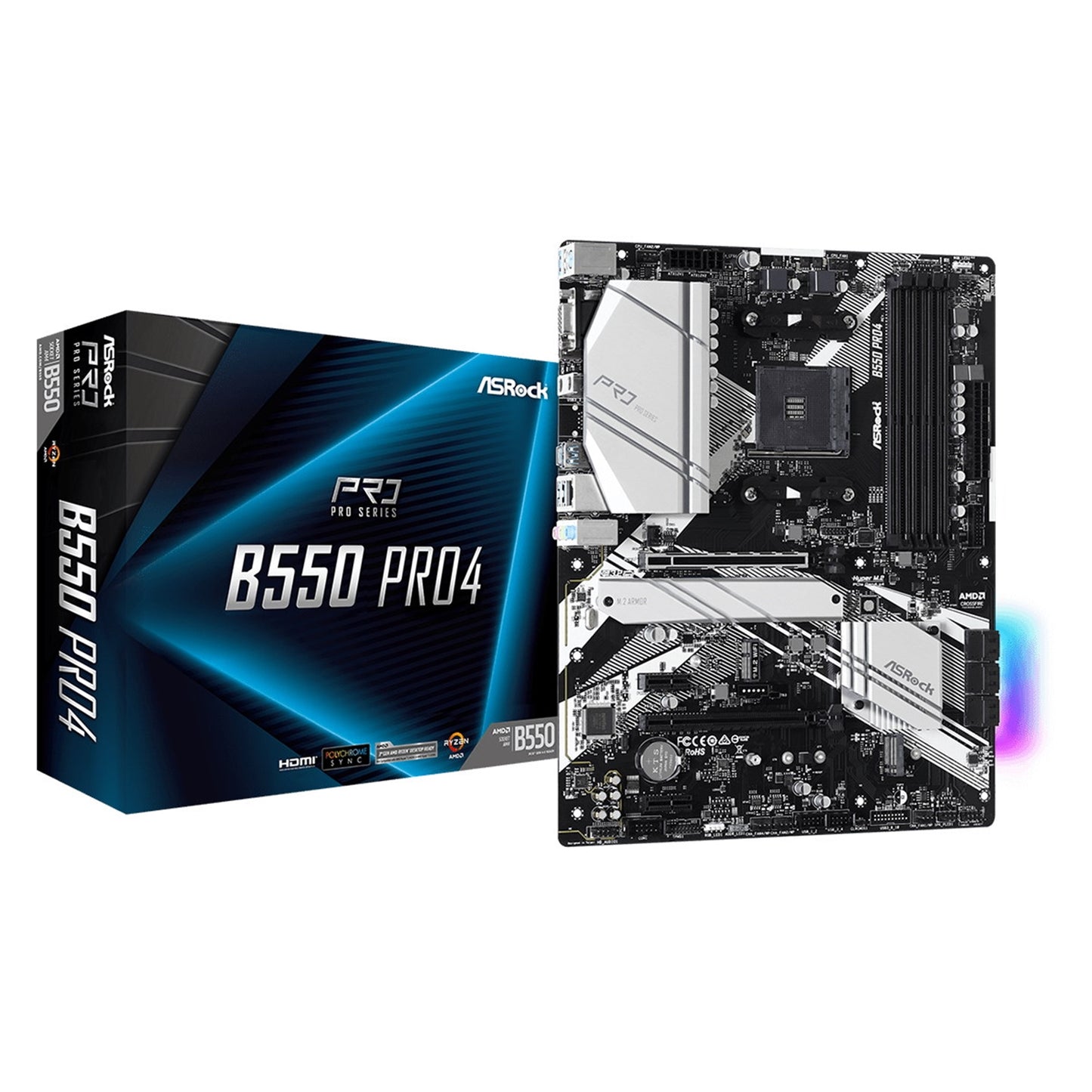 ASRock B550 Pro4 AMD AM4 Socket Motherboard, ATX, 4x DDR4 Slots, 2x M.2 Sockets, GbE LAN, 1x D-Sub / 1x HDMI Port