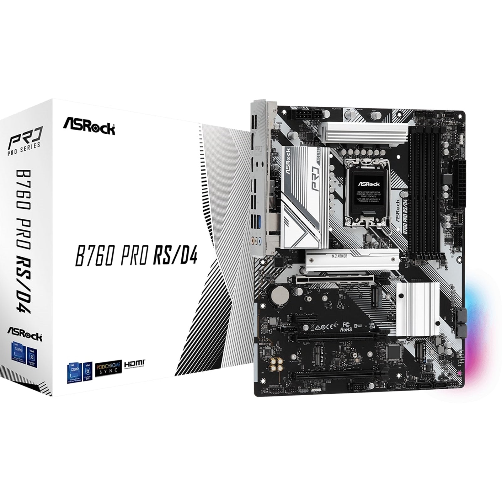 ASRock B760 Pro RS/D4 Intel 1700 Socket Motherboard, ATX, 4x DDR4 Slots, 4x M.2 Sockets, 2x USB-C Port, Fitted I/O Shield, 2.5GbE LAN, 1x DisplayPort / 1x HDMI Port