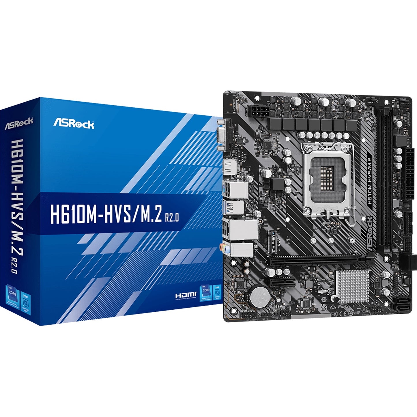 ASRock H610M-HVS/M.2 R2.0 Super Alloy Intel 1700 Socket Motherboard, Micro-ATX, 2x DDR4 Slots, 1x M.2 Socket, GbE LAN, 1x D-Sub / 1x HDMI Port