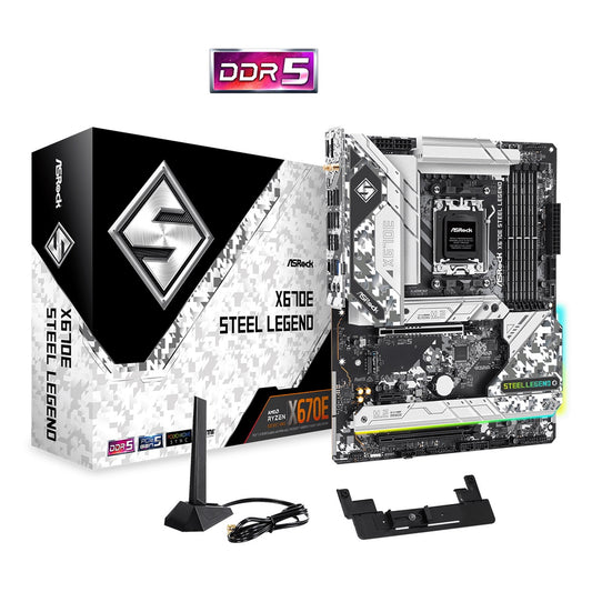 ASRock X670E Steel Legend AMD AM5 Socket Motherboard, ATX, 4x DDR5 Slots, 4x M.2 Sockets, 2x USB-C Port, Fitted I/O Shield, 2.5GbE LAN, Wi-Fi 6E, 1x DisplayPort / 1x HDMI Port