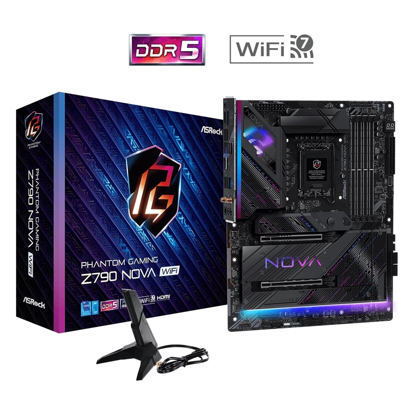 ASRock Z790 Nova WiFi PHANTOM GAMING Intel 1700 Socket Motherboard, ATX, 4x DDR5 Slots, 7x M.2 Sockets, 2x USB-C Port, Fitted I/O Shield, 2.5GbE LAN, Wi-Fi 7, 1x DisplayPort / 1x HDMI Port