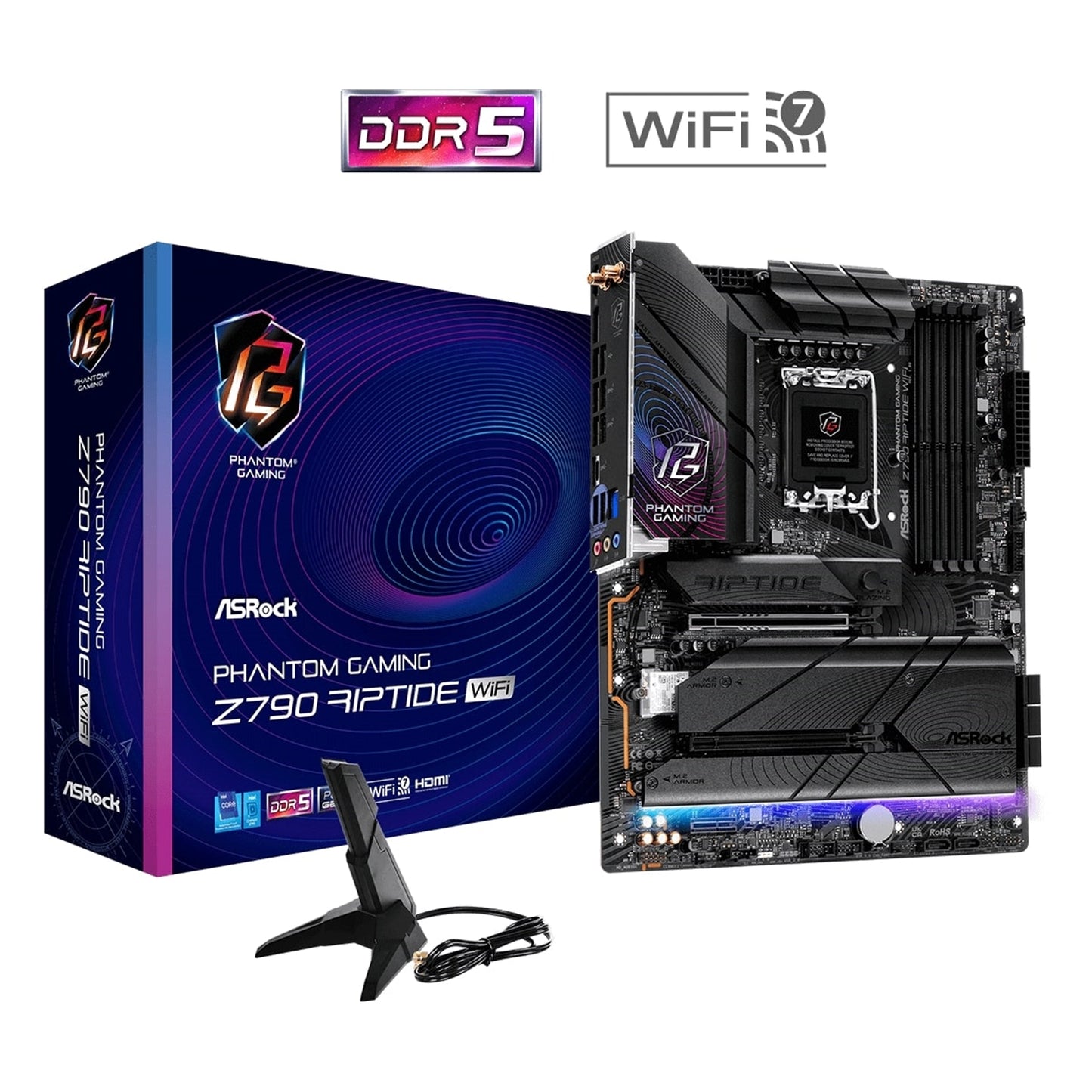 ASRock Z790 Riptide WiFi PHANTOM GAMING Intel 1700 Socket Motherboard, ATX, 4x DDR5 Slots, 6x M.2 Sockets, 2x USB-C Port, Fitted I/O Shield, 2.5GbE LAN, Wi-Fi 7, 1x DisplayPort / 1x HDMI Port