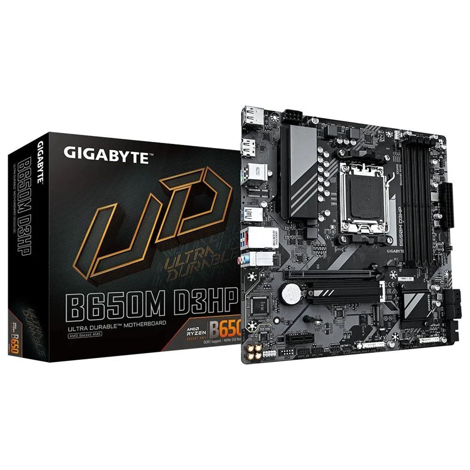 Gigabyte B650M D3HP Ultra Durable AMD AM5 Socket Motherboard, Micro-ATX, 4x DDR5 Slots, 2x M.2 Sockets, 2x USB-C Port, 2.5GbE LAN, 2x DisplayPorts / 1x HDMI Port