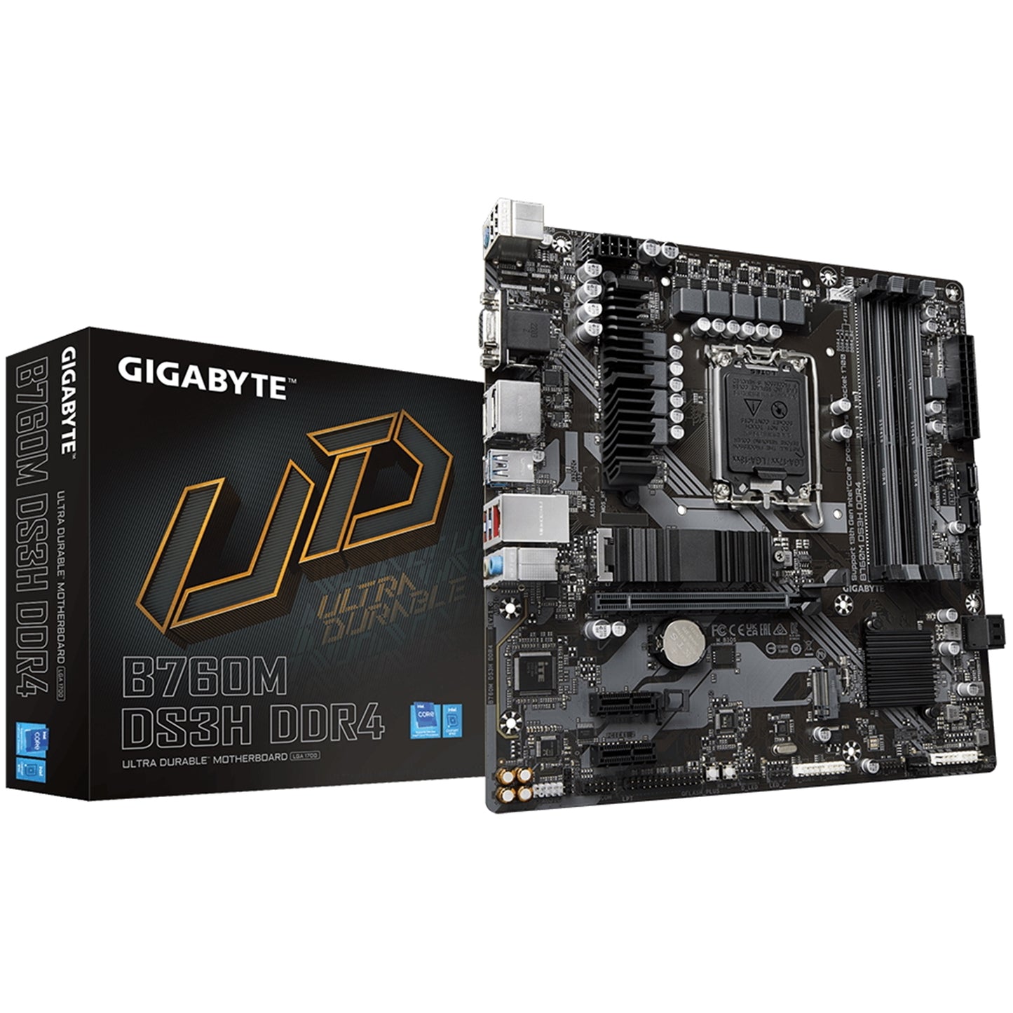 Gigabyte B760M DS3H DDR4 Ultra Durable Intel 1700 Socket Motherboard, Micro-ATX, 4x DDR4 Slots, 2x M.2 Sockets, 1x USB-C Port, 2.5GbE LAN, 1x D-Sub / 2x DisplayPorts / 1x HDMI Port