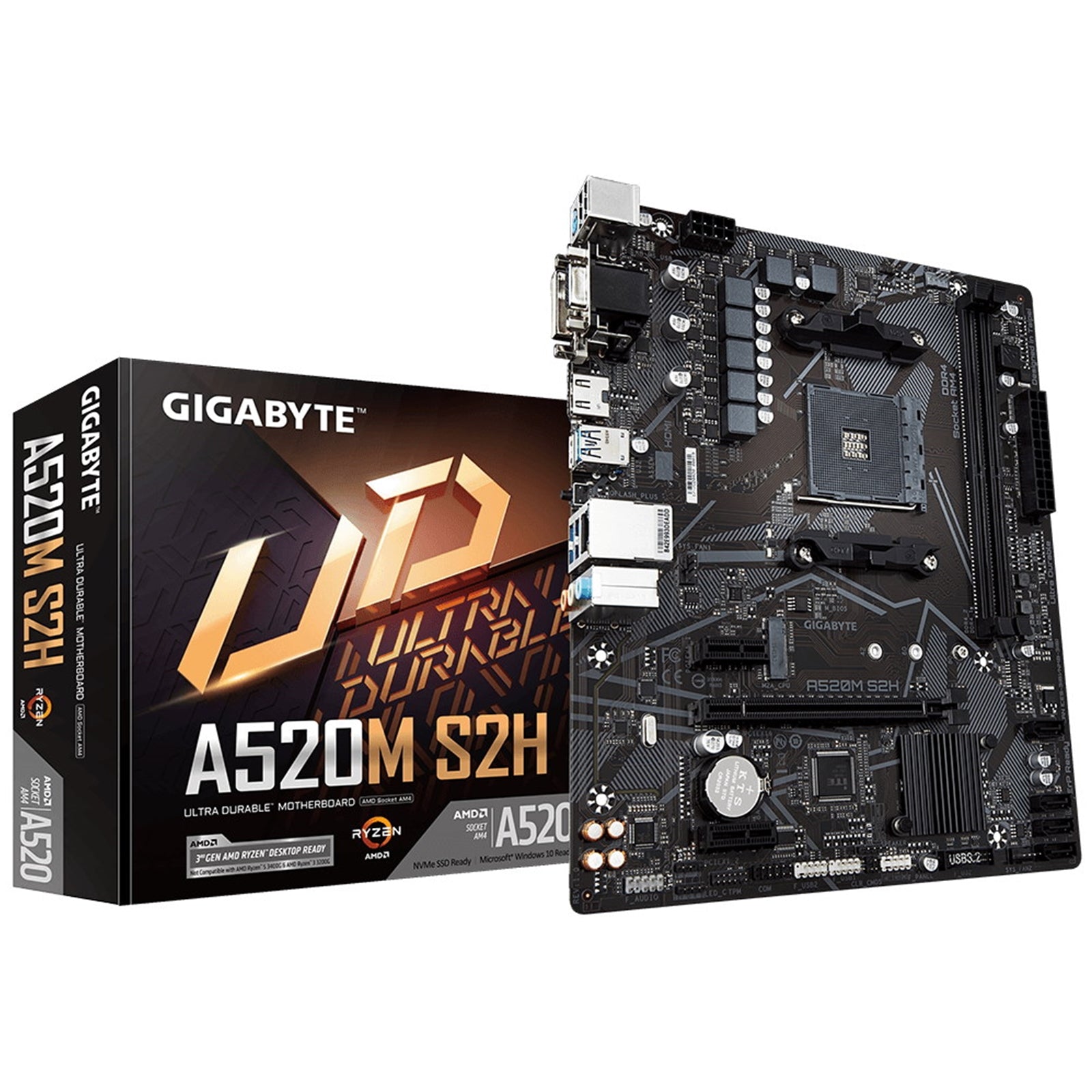 Gigabyte A520M S2H Ultra Durable AMD AM4 Socket Motherboard, Micro-ATX, 2x DDR4 Slots, 1x M.2 Socket, GbE LAN, 1x D-Sub / 1x DisplayPort / 1x HDMI Port