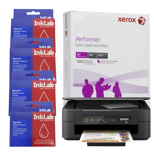Epson Expression Home XP-2200 C11CK67401 Inkjet Printer, Colour, Wireless, All-in-One, InkLab 604 Epson Compatible Replacement Ink (1 of Yellow, Magenta, Cyan and Black), Single Ream of Xerox Performer A4 80GSM Office Paper