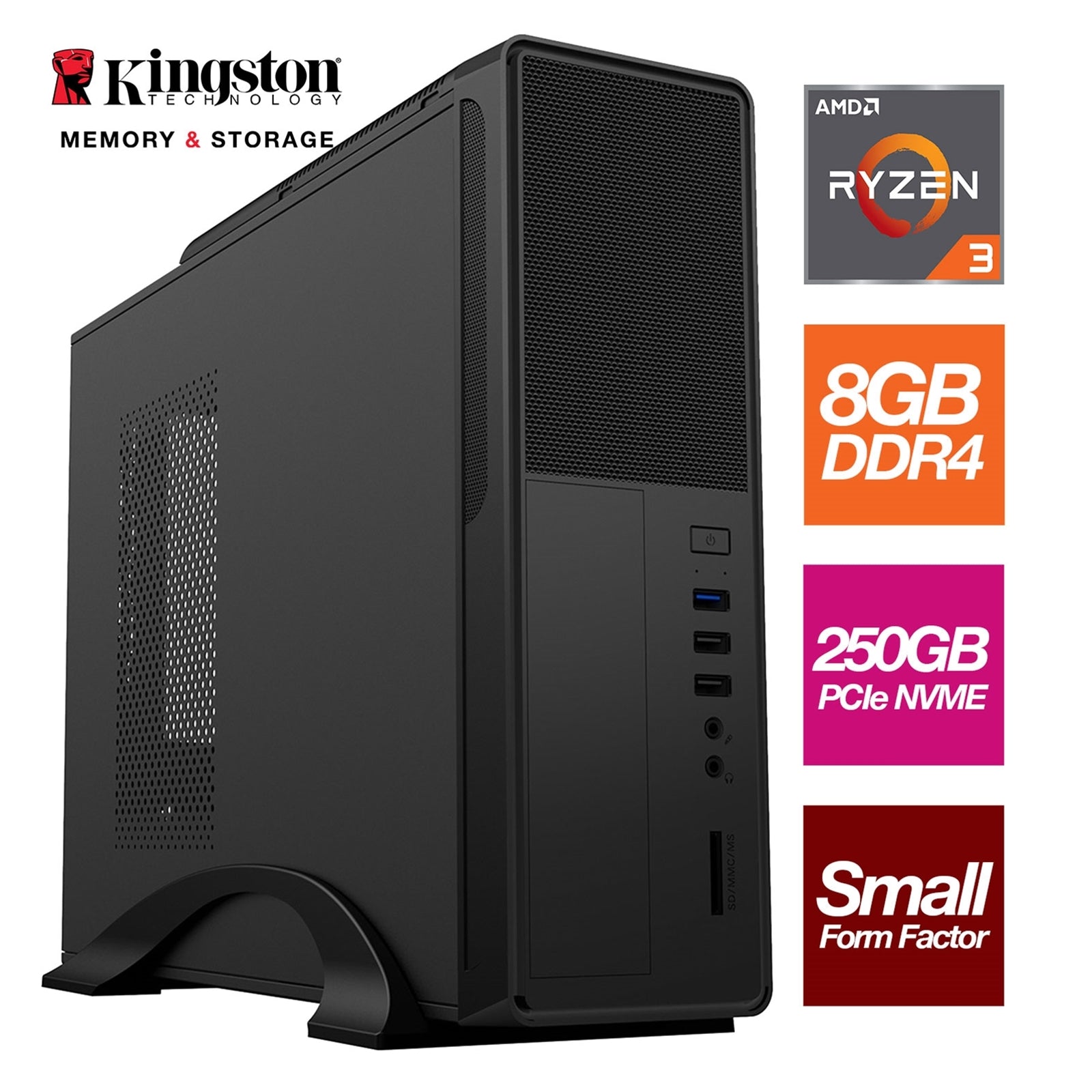 AMD Ryzen 3 3200G 4 Core 8 Threads 3.60GHz (4.00GHz Boost) 8GB Kingston DDR4 RAM, 250GB Kingston NVMe, - Small Form Factor Case - Pre-Built System